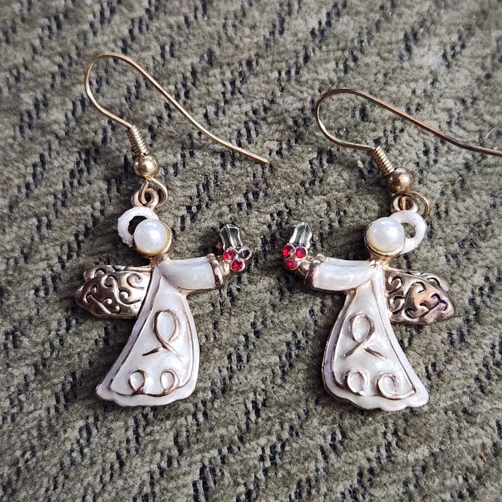 Vintage Angel Dangle Loop Earrings White Enamel Pearl Red Rhinestone Spiritual